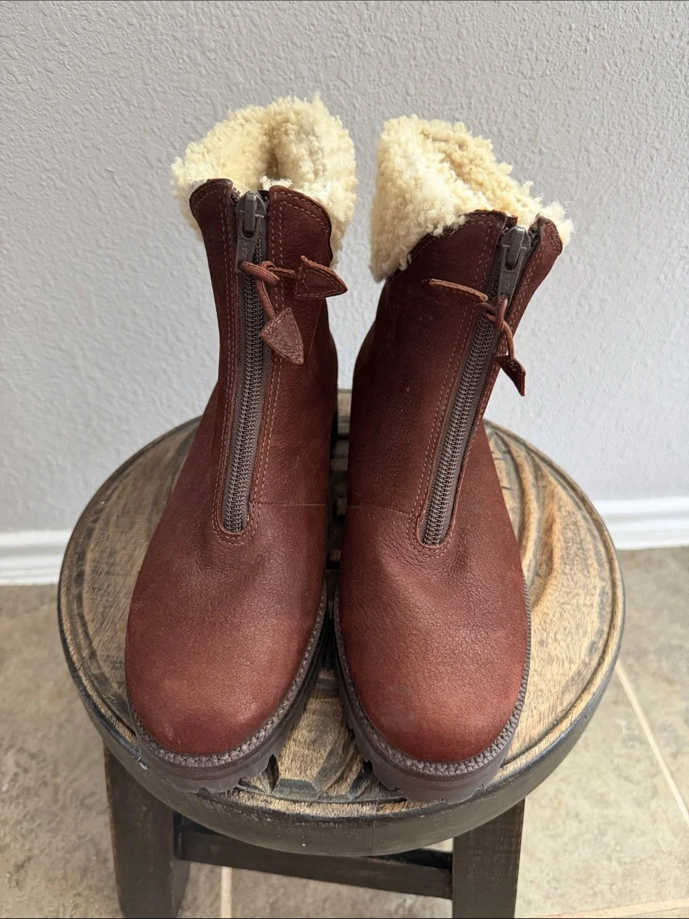 Cole Haan Chestnut Brown Faux-Shearling Zip Ankle Boots